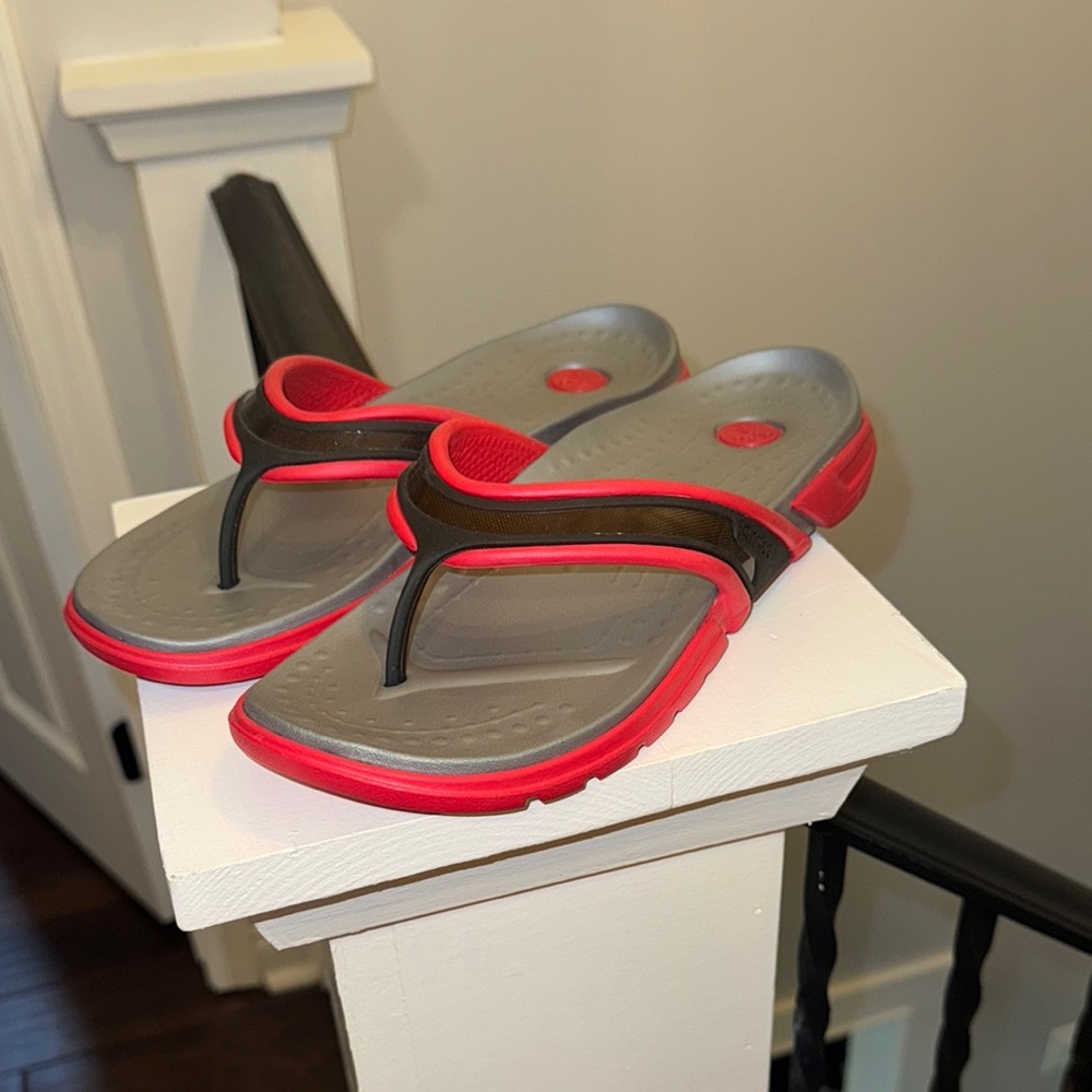 CROCS Red and Gray Sandals with Bold Design